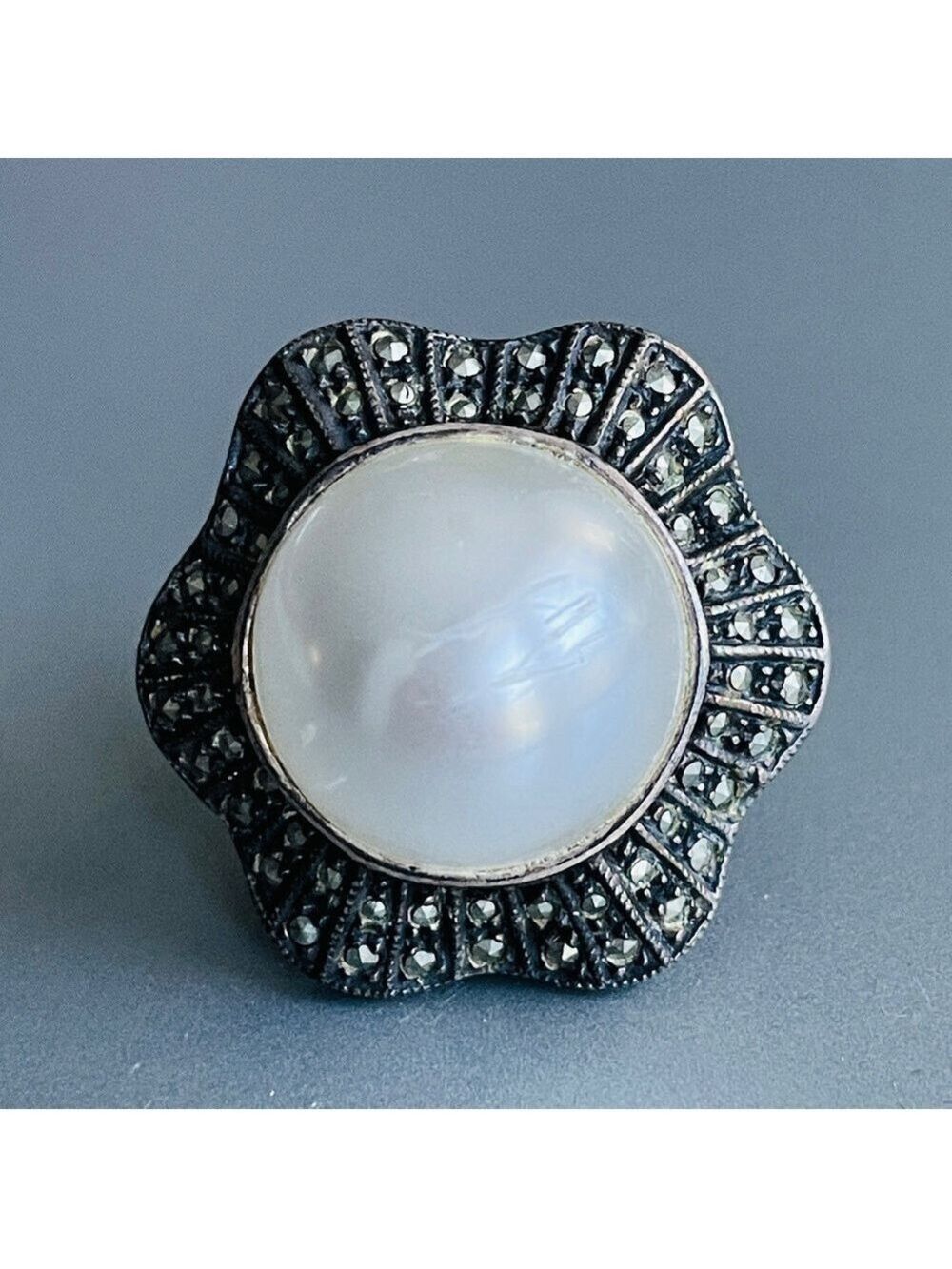 Vintage Judith Jack Sterling Silver Faux Mabe Pearl Marcasites Flower La…